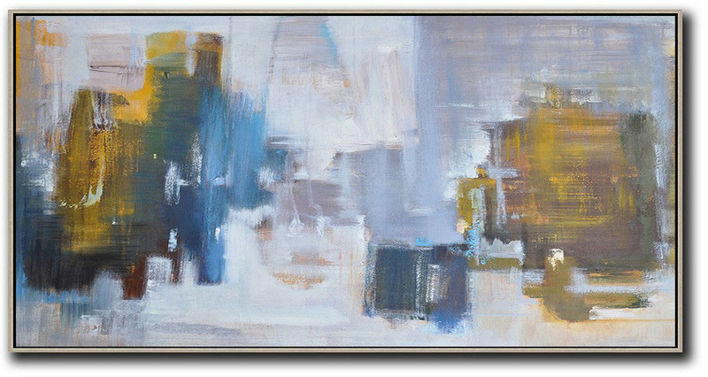 Extra Large 72" Acrylic Painting,Panoramic Abstract Landscape Painting,Oversized Canvas Art Yellow,Blue,White,Purple Grey
